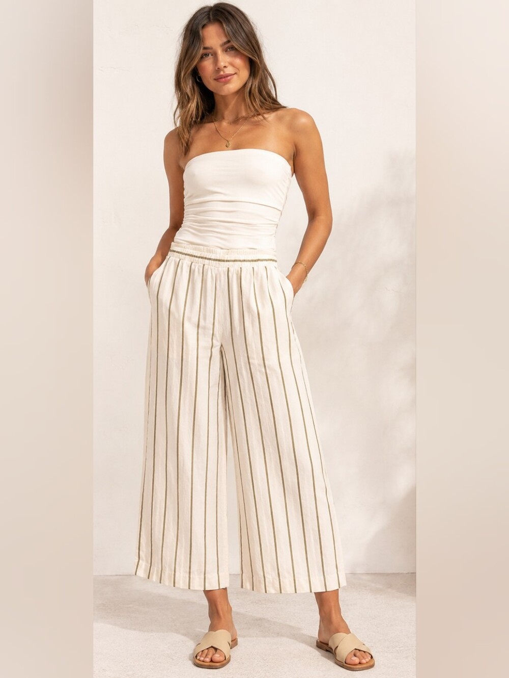 Antonio Melani XL ivory olive striped wide leg pants coastal resort